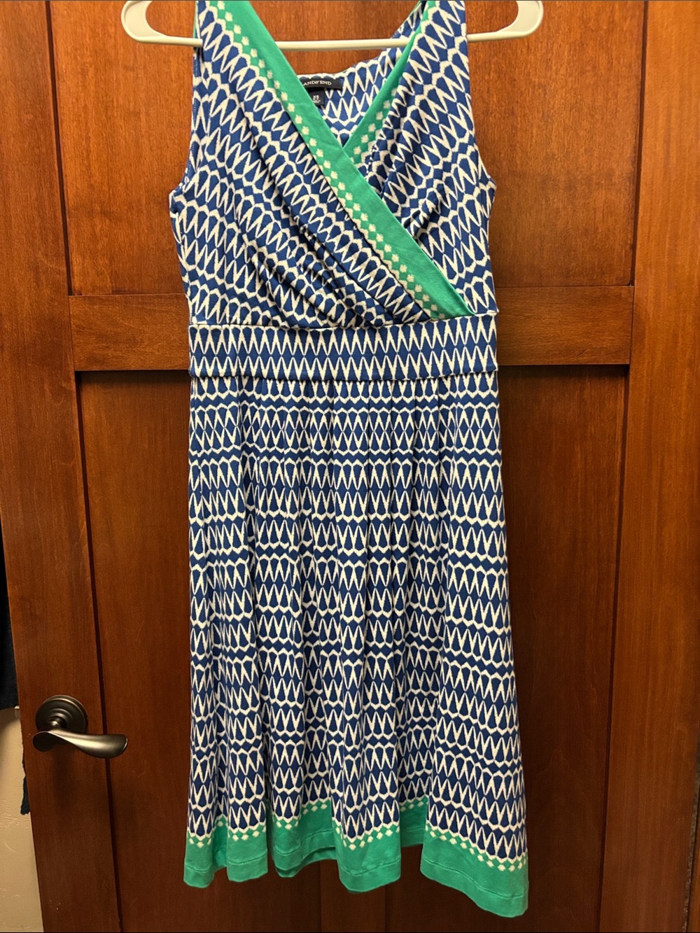 Lands' End Navy and White Midi Dress with Green Trim